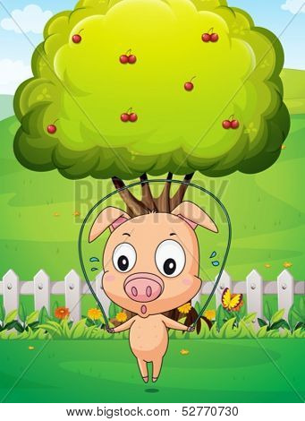 Illustration of a pig playing skipping rope near the tree