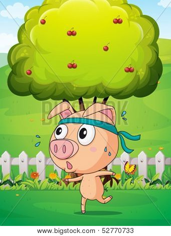 Illustration of a pig exercising near the tree