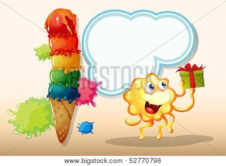 Illustration of a happy monster holding a gift near the giant icecream