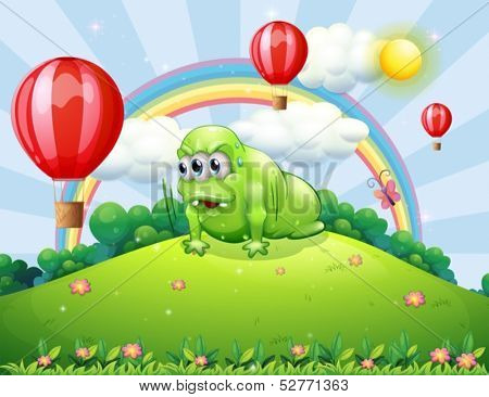 Illustration of a hilltop with a sweaty monster exercising