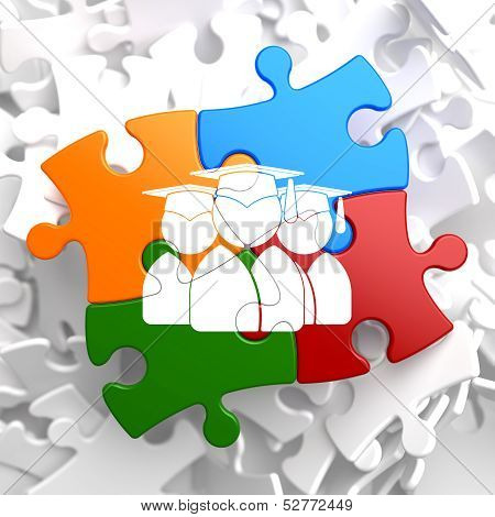 Group of Graduates Icon on Multicolor Puzzle.