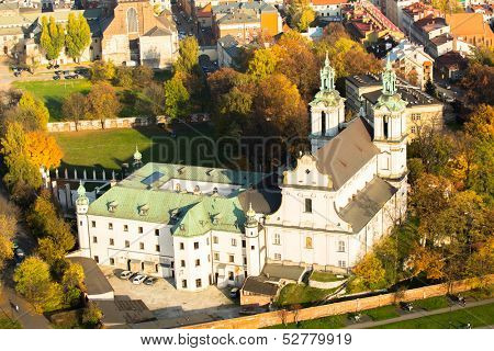 KRAKOW, POLAND - OCT 20: View of the Church of St. Stanislaus Bishop, Oct 20, 2013 in Krakow, Poland. In 1733-1751 the church received a baroque decor. It is one of the most famous Polish sanctuaries.