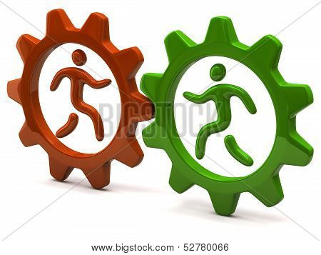 Two men running in gear wheels