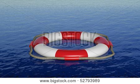 3D render of red life belt floating on blue sea 