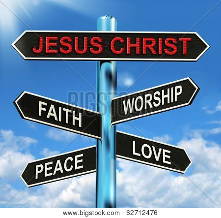 Jesus Christ Signpost Means Faith Worship Peace And Love