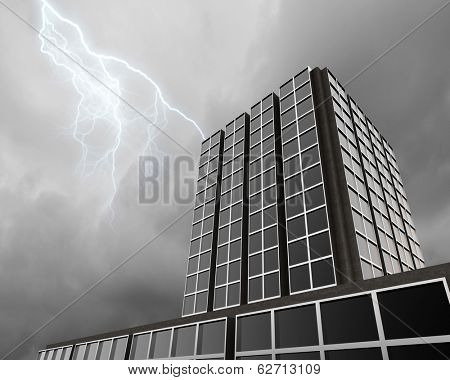 Bottom image of skyscraper with thunder lightning in sky