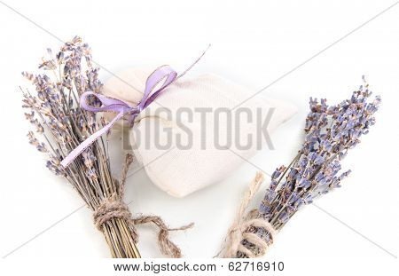 Textile sachet pouch with dried lavender flowers isolated on white