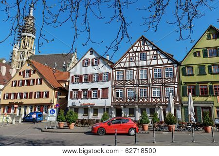 ESSLINGEN, GERMANY - APRIL 02,2014: Medieval buildings located at Market Square (Marktplatz) in Esslingen am Neckar near Stuttgart