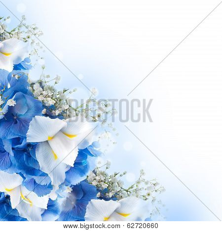 Flowers in a bouquet, blue hydrangeas and white flowers