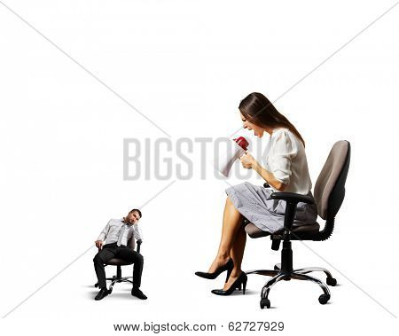 angry woman screaming at small lazy man. isolated on white background
