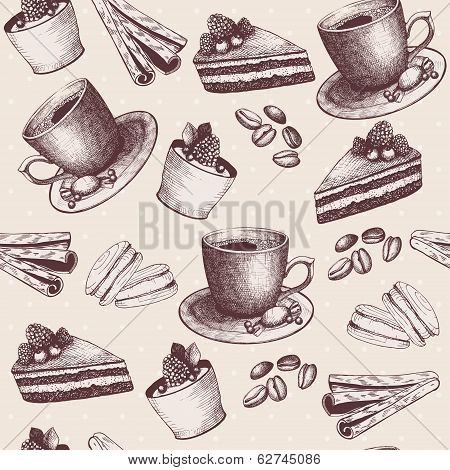 Seamless Coffee Background With Hand Drawn Elements Isolated On White