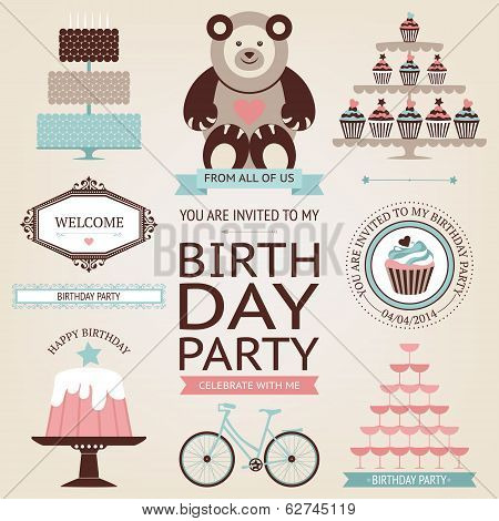 Vector Set Of Celebration Or Holiday Icons In Vintage Colors.