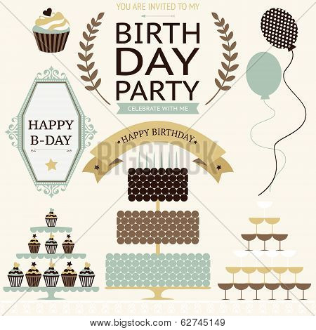 Vector Set Of Birthday Celebration Or Holiday Icons In Vintage Colors.