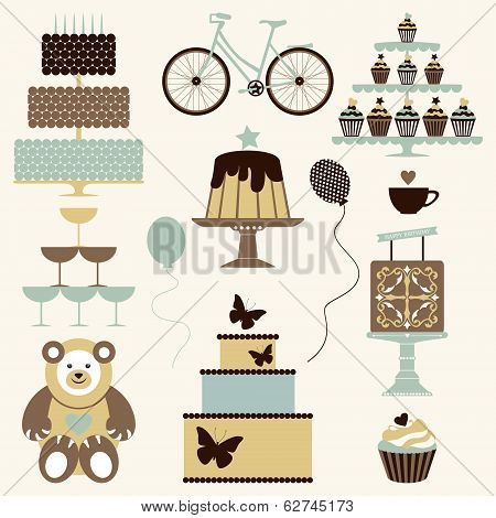Vector Set Of Birthday Celebration or Holiday Icons In Vintage Colors.