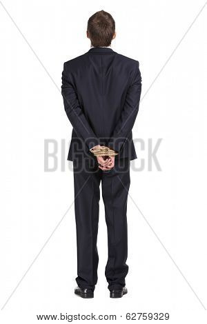 Full-length portrait of businessman with tied hands, isolated on white. Concept of slavery and hard work