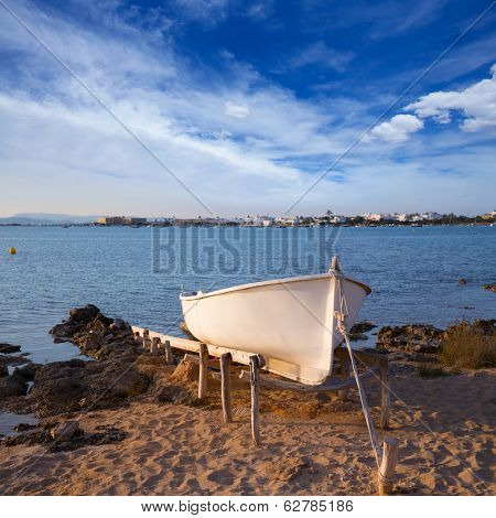 Beached boat in Estany des Peix at Formentera Balearic Islands of Spain