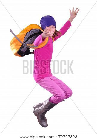 Happy Schoolgirl Or Traveler Exercising And Jumping