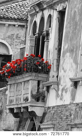 Flowery Balcony On An Ancient Venetian Palace