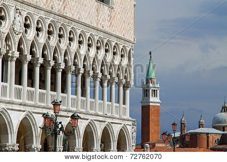 Detail Of Ducal Palace And St. George Church In Venice In Italy