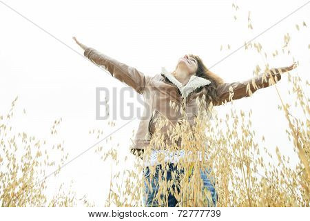 Woman on wheat Big Smile