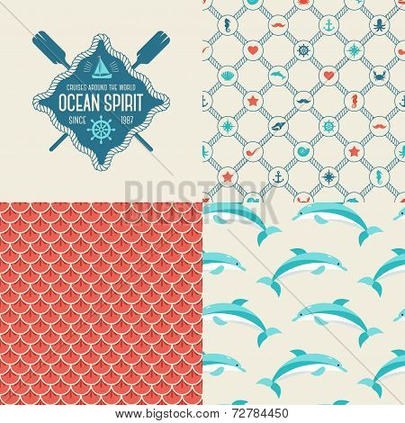 Seamless patterns of marine symbols and label.