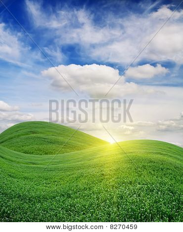 Salida del sol sobre el campo verde