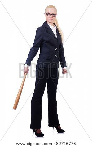 Businesswoman with baseball bat on white