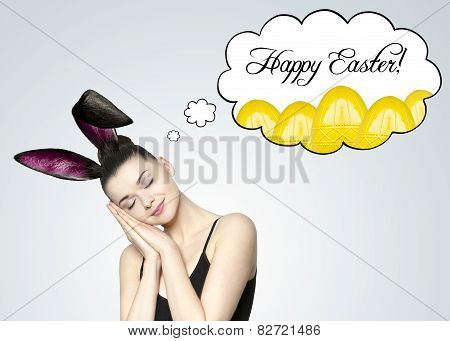 Beautiful Young Brunette Woman As Easter Bunny