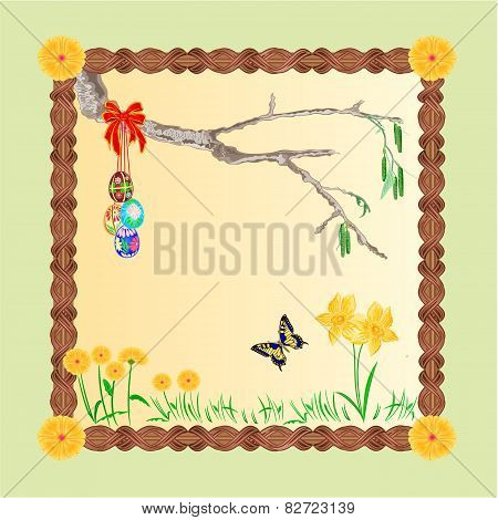 Frame Easter Eggs And A Birch Twig Vector