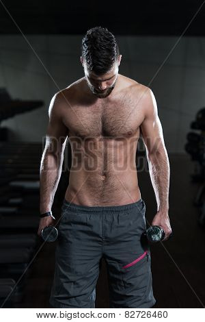 Young Male Doing Biceps Exercises In The Gym