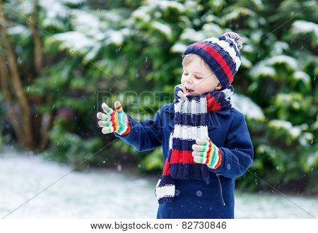 Little Boy Playing With Snow In Winter, Outdoors.