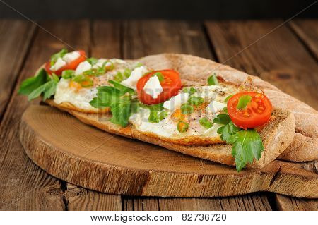 Rye Bread Egg Bruscetta With Tomatoes, Cheese And Greens
