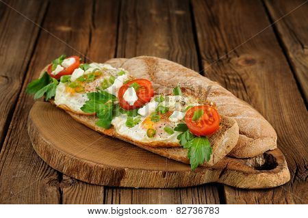 Rye Bread Egg Bruscetta With Tomatoes, Cheese And Greens