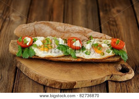 Rye Bread Egg Bruscetta With Tomatoes, Cheese And Greens