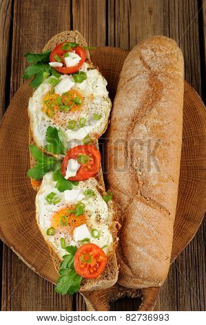 Rye Bread Egg Bruscetta With Tomatoes, Cheese And Greens