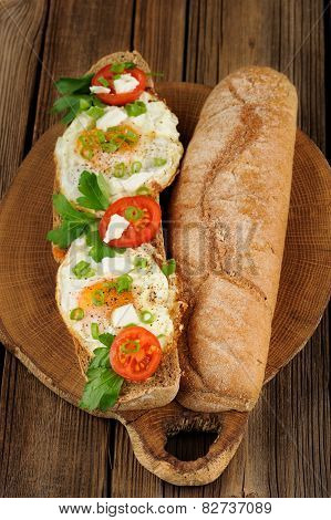 Rye Bread Egg Bruscetta With Tomatoes, Cheese And Greens