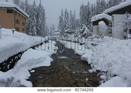 Tree branches, torrent and houses covered with snow