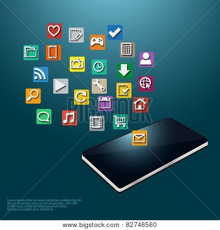Illustration of a modern mobile phone with cloud of colorful icons for applications and business vec