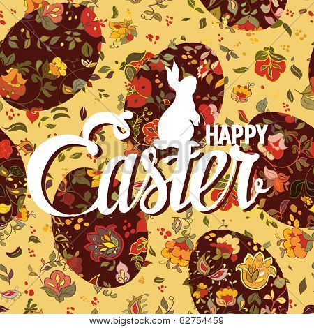Happy Easter ornate lettering greeting card with floral background