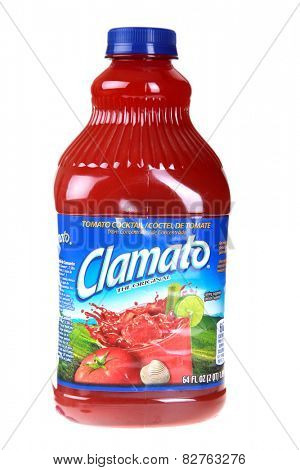 Lake Forest CA - February 13, 2015: 64 fl oz bottle of Clamato, tomato cocktail - illustrative editorial. isolated on white with room for your text