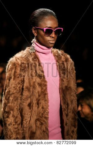 NEW YORK - FEBRUARY 13: A model walks the runway at the Mongol Fall/Winter 2015 collection during Mercedes-Benz Fashion Week in New York on February 13, 2015.