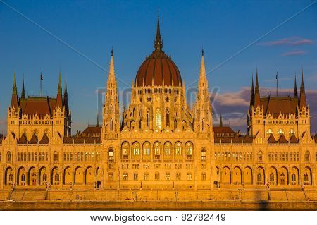 Budapest Parliament Building Illuminated During Sunset With Danube River, Hungary, Europe