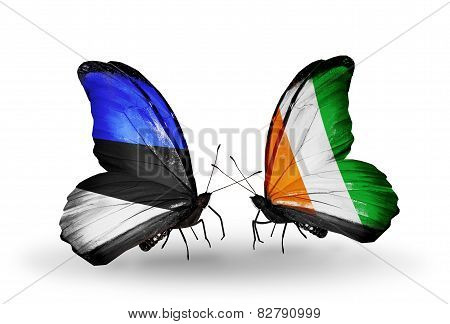 Two Butterflies With Flags On Wings As Symbol Of Relations Estonia And Cote Divoire