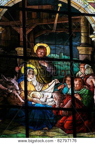Nativity Scene At Christmas - Stained Glass Window