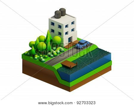 Isometric City Buildings, Landscape, Road And River