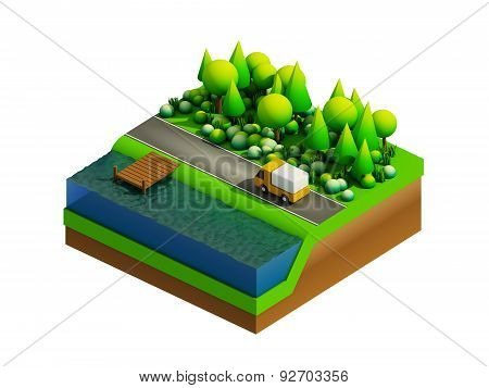 Isometric City Buildings, Landscape, Road And River
