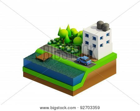 Isometric City Buildings, Landscape, Road And River