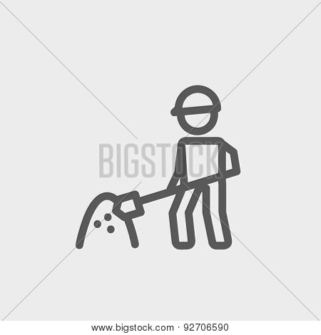 Worker with hard hat and shovel in building site icon thin line for web and mobile, modern minimalistic flat design. Vector dark grey icon on light grey background.