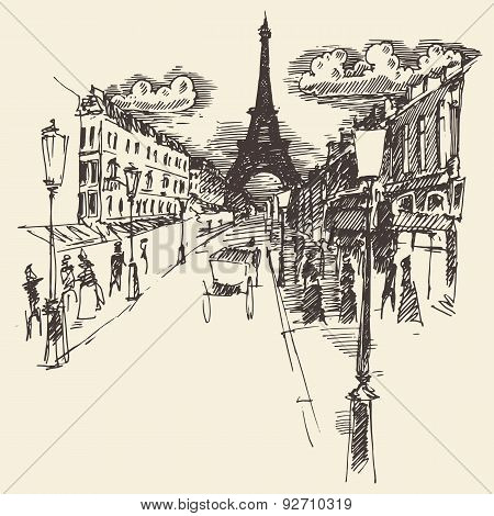 Streets Paris France Vintage Engraved Hand Drawn