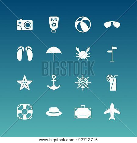 Summer Holidays Vector Icon Set. Flat Design White Icons On Blue Background